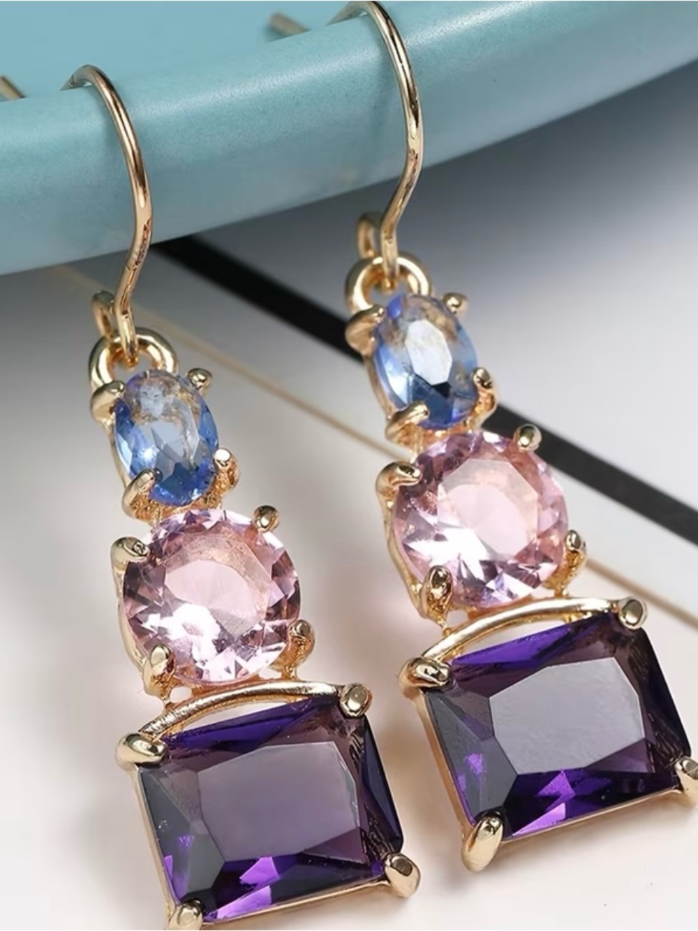 NEW Triple Gem Drop Earrings in Purple, Pink & Blue. Luxury earrings 🩷💜💙